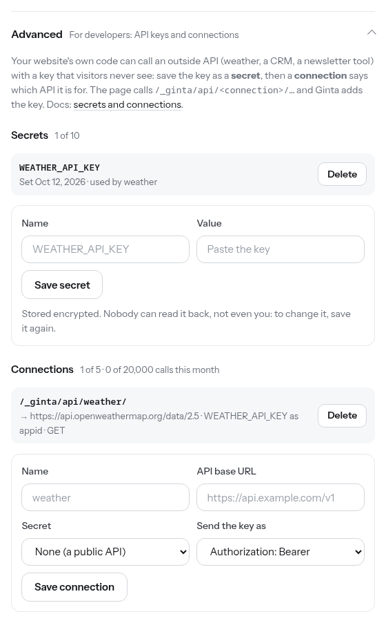 Settings → Advanced: secrets (names only) and connections