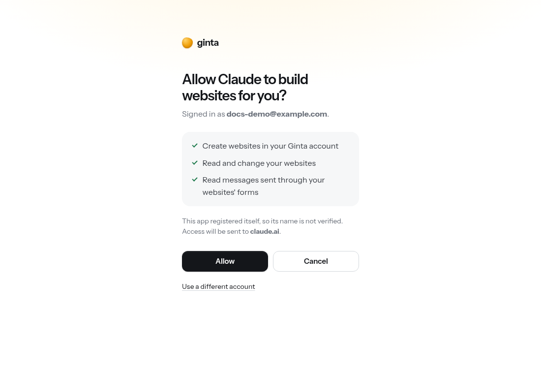 Ginta's sign-in window asks you to allow Claude to manage your websites