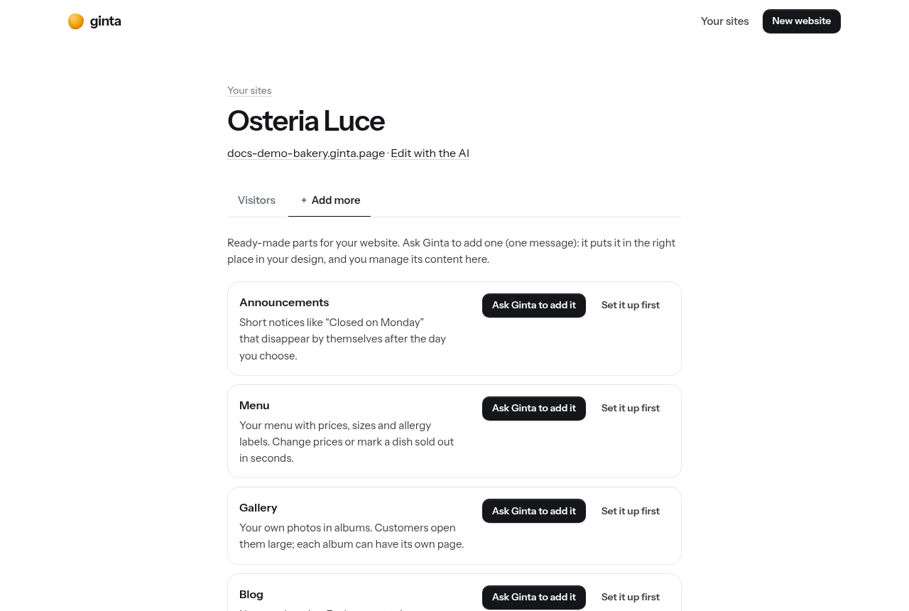 The owner's Manage screen: the site's parts, then Visitors