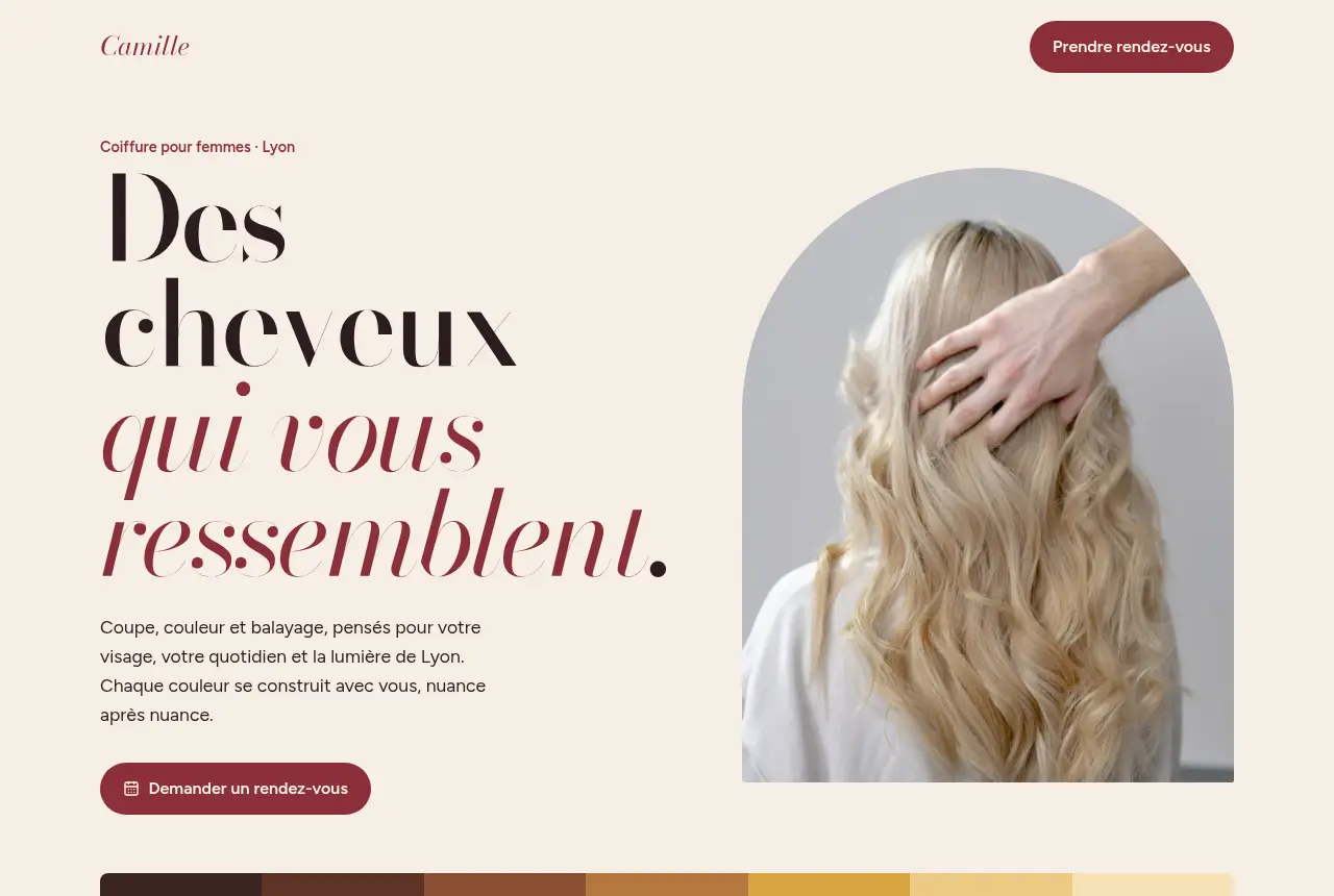 Camille's hair salon website with an elegant serif and colour swatches