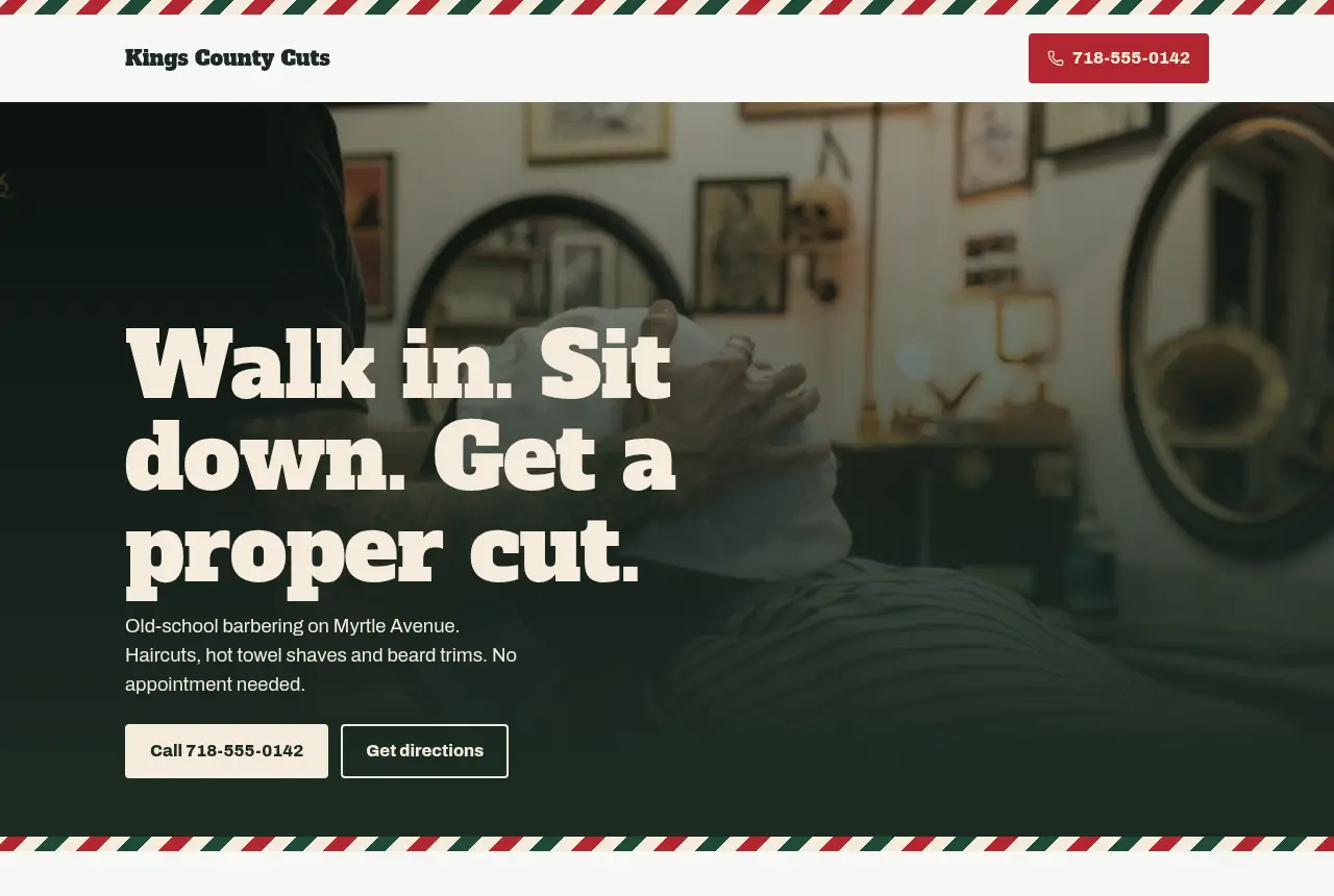 Kings County Cuts website: old shopfront look with barber-pole stripes