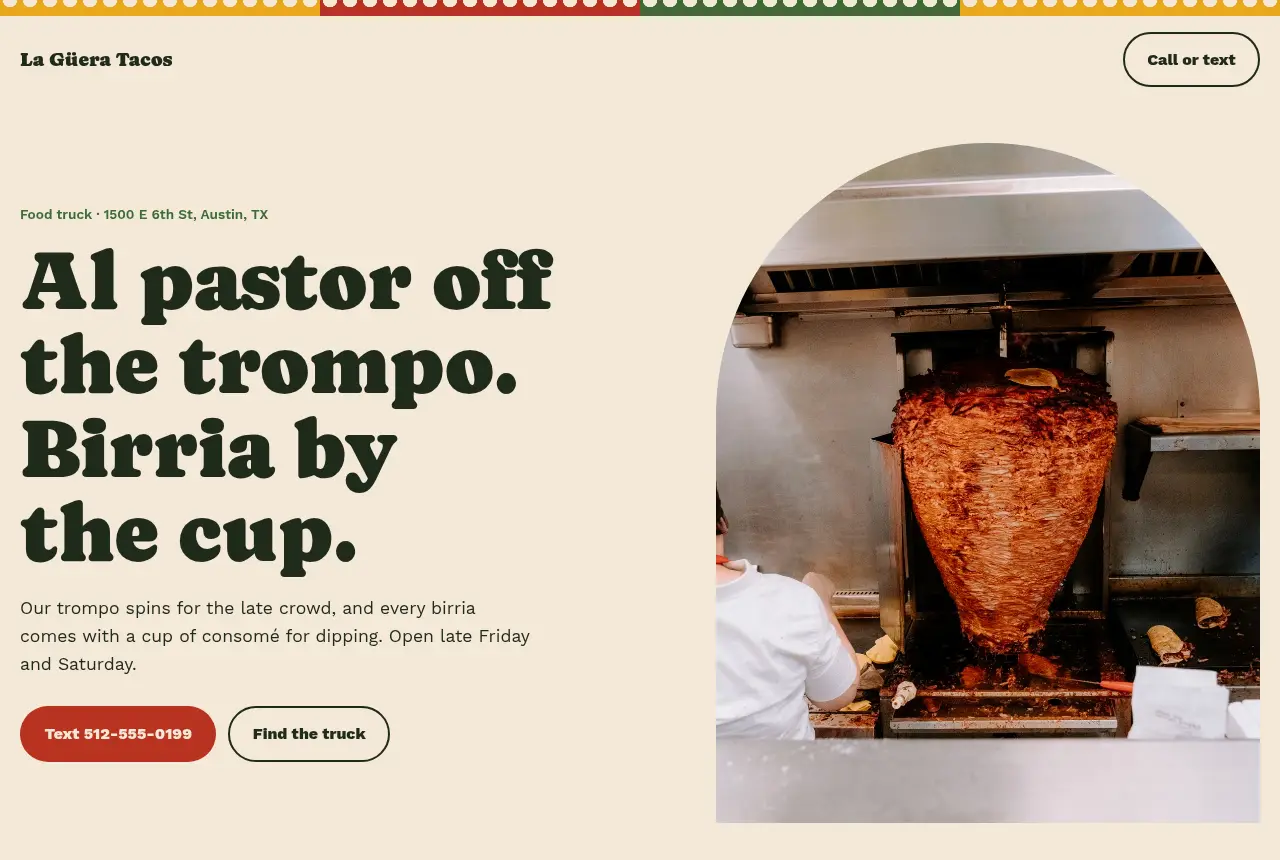 La Güera Tacos website with chunky type and a food-truck photo