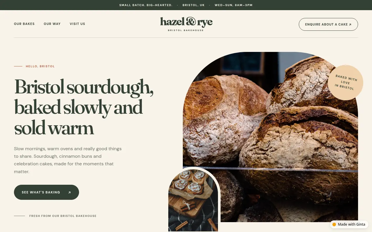 A bakery website with a small "Made with Ginta" badge in the bottom-right corner