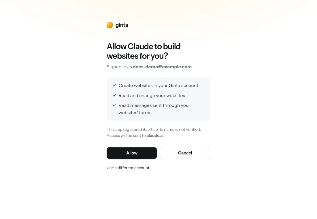 Ginta's sign-in window asking whether to allow Claude to manage your websites