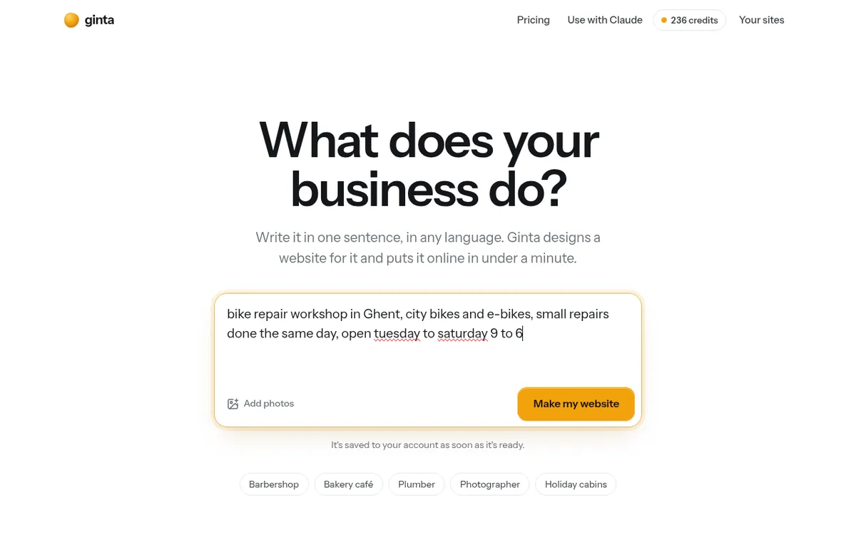 The Ginta home page with one sentence typed into the box: a bike repair workshop in Ghent