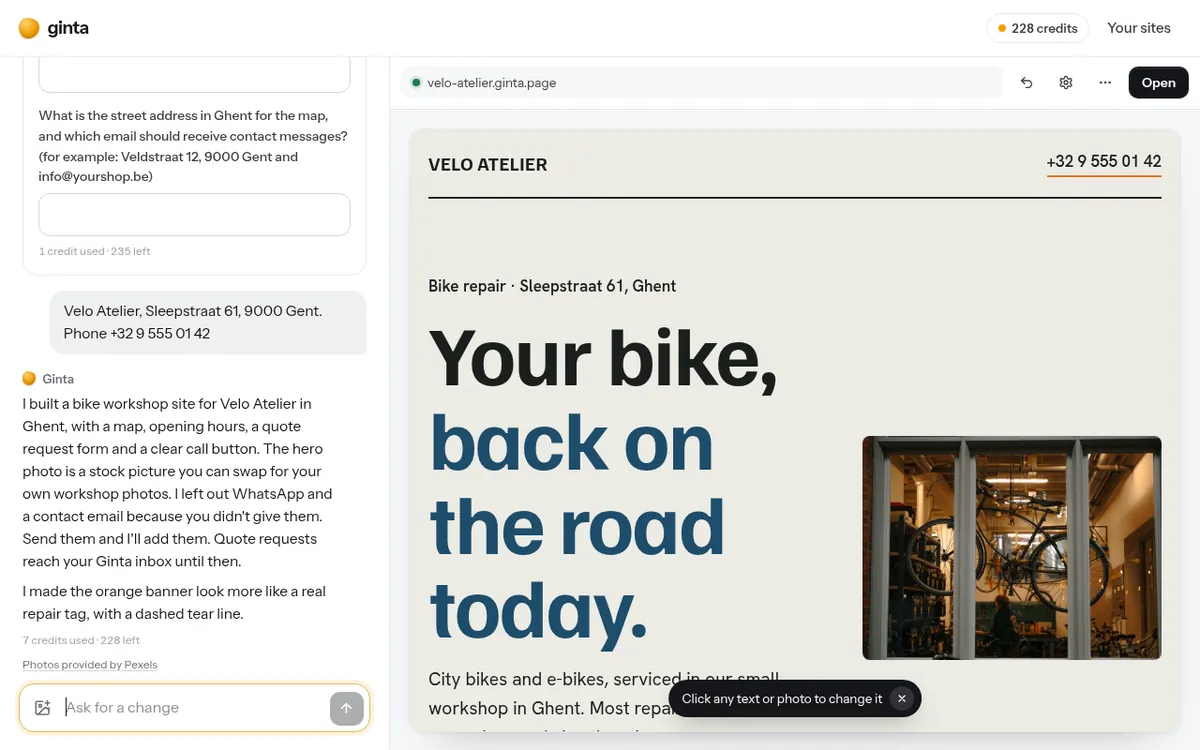 The finished website next to the chat: a bold headline, a photo of a bike workshop, the phone number in the header