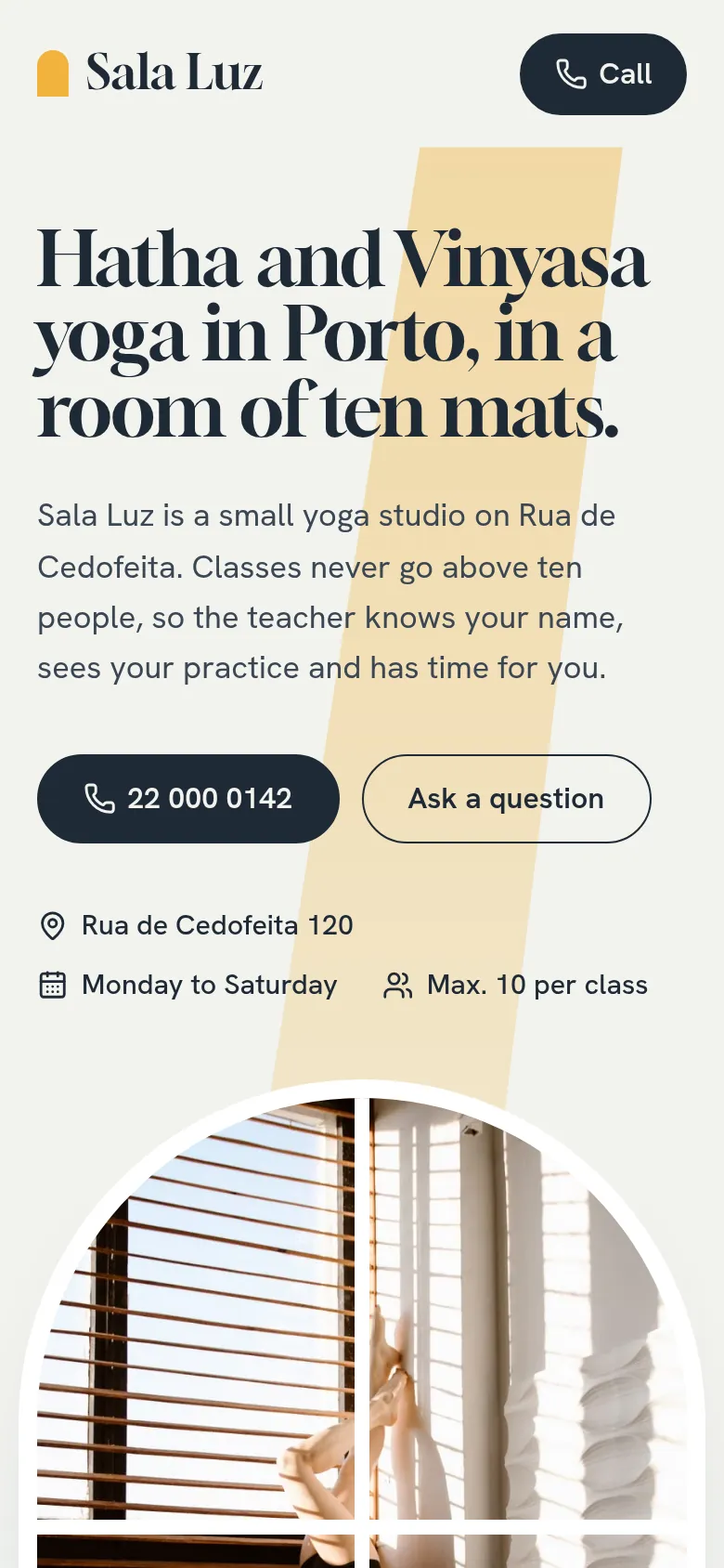 The same website on a phone: the headline, the call button and the address