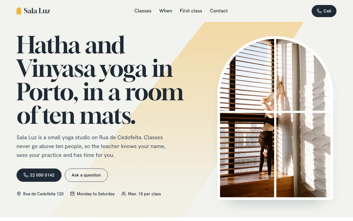 The Sala Luz website: a big serif headline about yoga in Porto in a room of ten mats, and a photo in an arched window