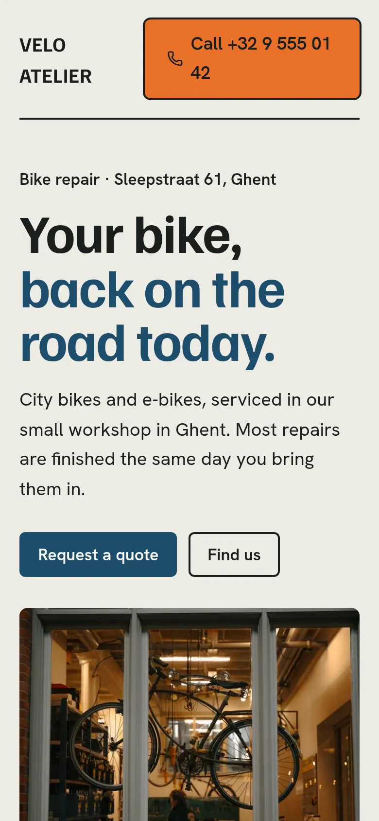 The bike workshop's website on a phone: the call button at the top, the headline, request a quote and find us buttons