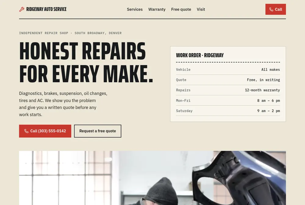 Ridgeway Auto Service, an independent car repair shop website in Denver with services and a call button