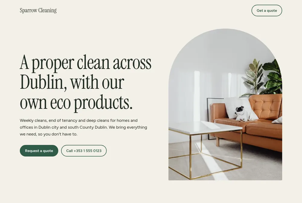 Sparrow Cleaning, a home and office cleaning website for Dublin with eco products and a quote button