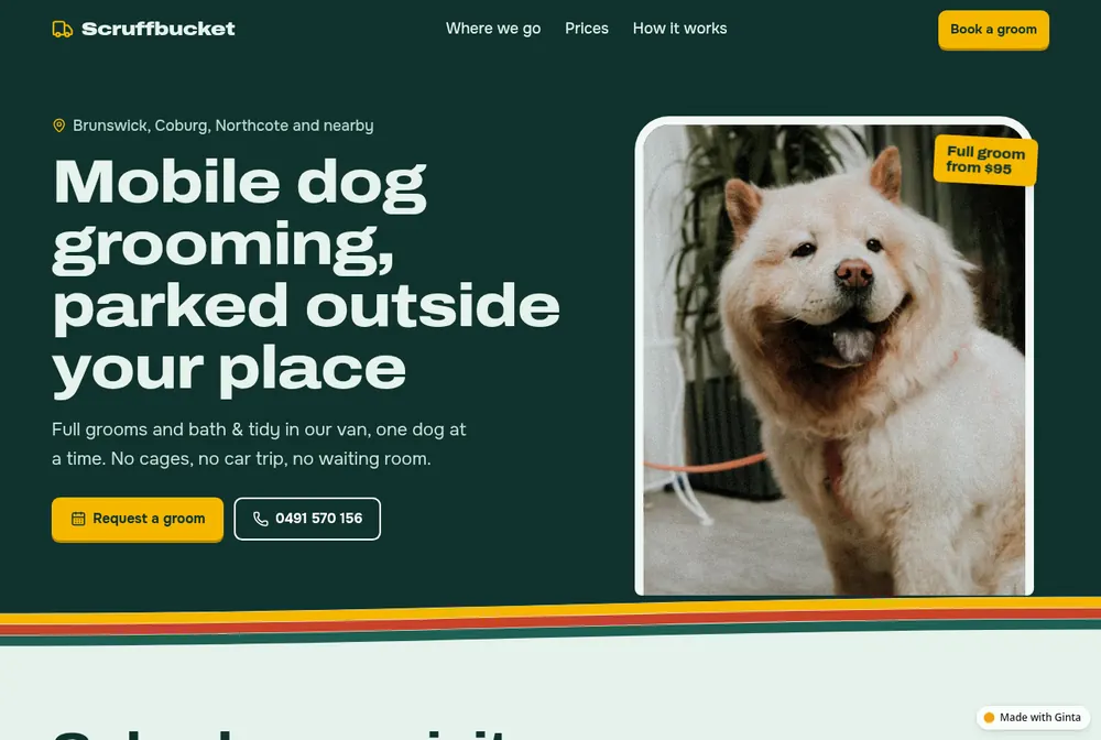 Scruffbucket, a mobile dog grooming website for Melbourne with van-livery stripes and a price chart that rises with the size of the dog