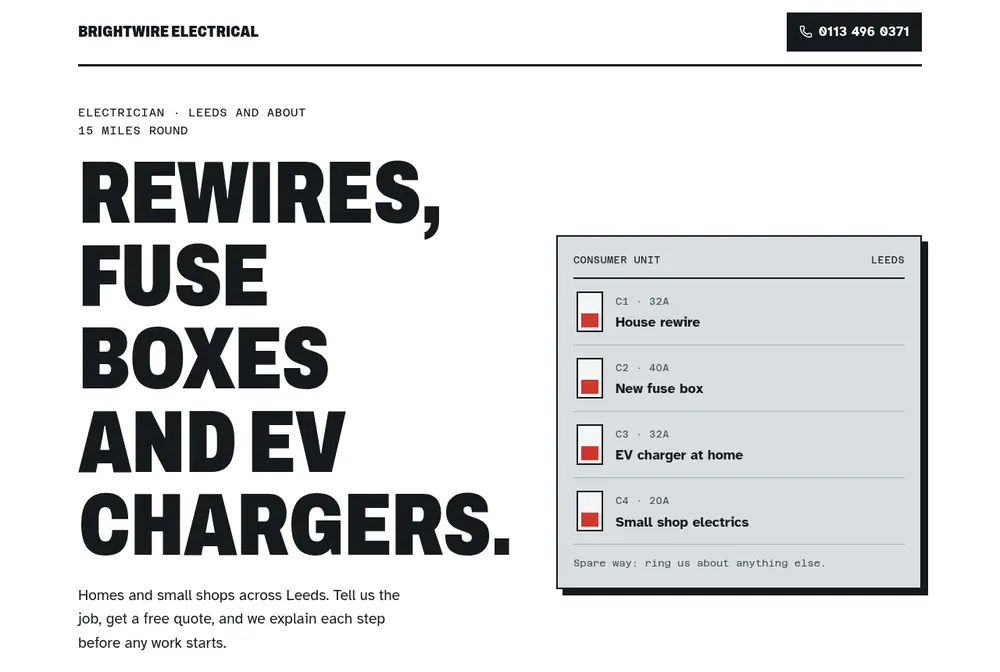 Brightwire Electrical, an electrician's website for Leeds with a call button and a list of services