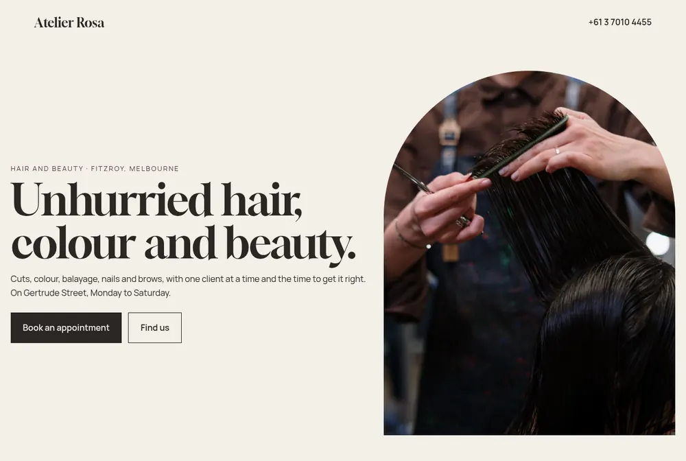 Atelier Rosa, a calm hair and beauty studio website with soft colours and a booking button