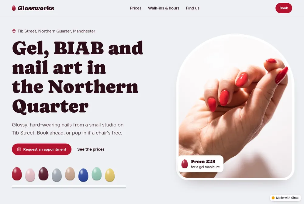 Glossworks, a Manchester nail salon website with chunky retro type and a row of glossy nail-polish swatches