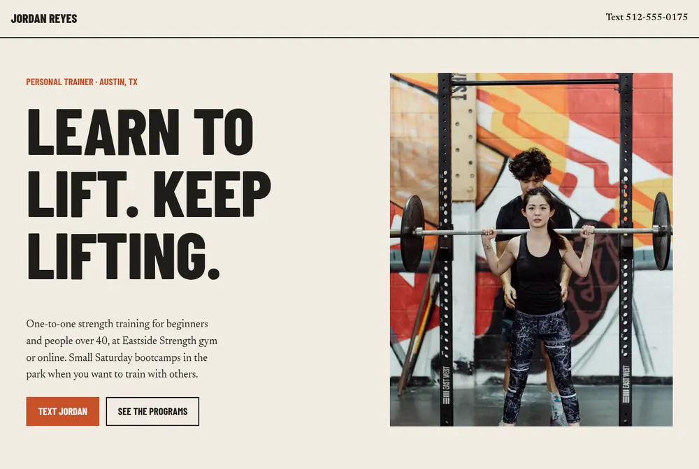 Jordan Reyes, a personal trainer website for Austin with bold condensed type: Learn to lift. Keep lifting.