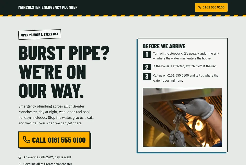 An emergency plumber website for Manchester with hazard-tape stripes and a big call button