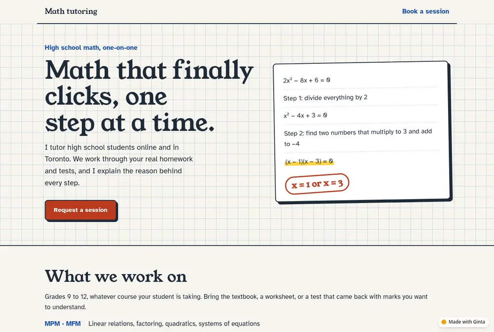 A Toronto math tutor's website with a worked quadratic equation, step by step, beside the headline