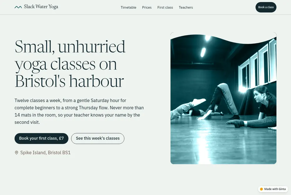 Slack Water Yoga, a Bristol yoga studio website with a harbour-teal palette and a colour-coded weekly timetable