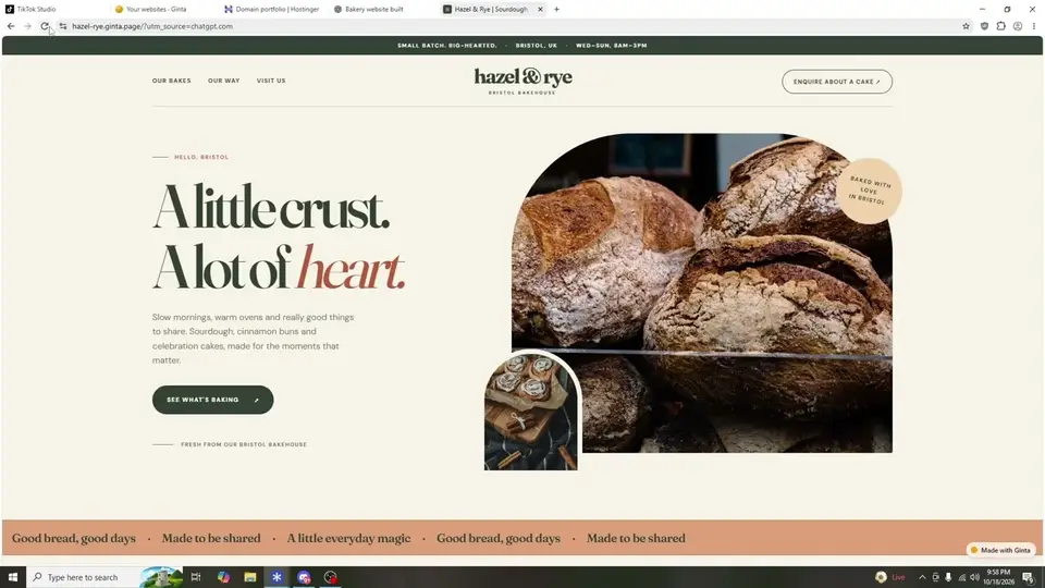 Standbild aus dem Video: Building a bakery website from ChatGPT with Ginta (demo)